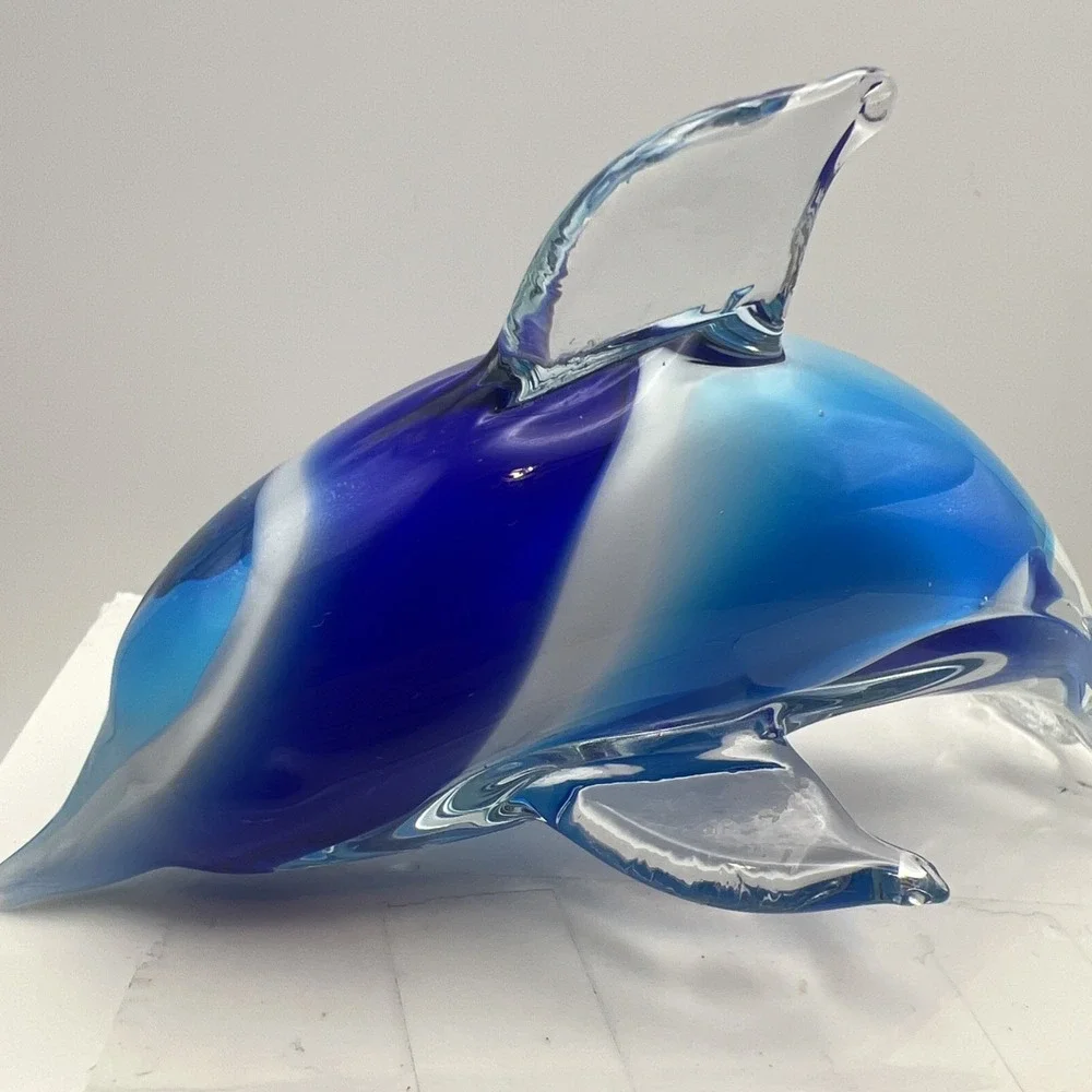 Vintage Hand Blown Art Glass Dolphin Figurine Blue White Swirl Paperweight 6
